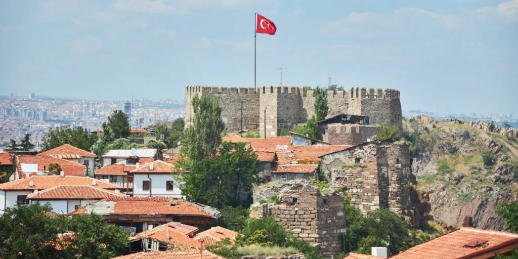 The Turkish flag on one of the towers of the old fortress of Ankara