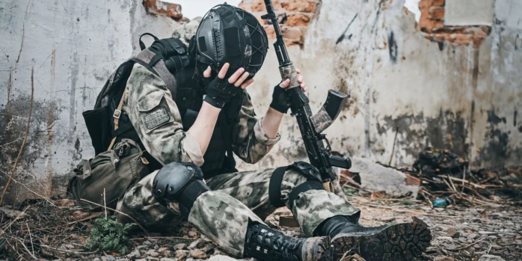 Post-traumatic stress disorder concept. A soldier in uniform with a machine gun sits on the ruins of a destroyed building and covers his face with his hand.