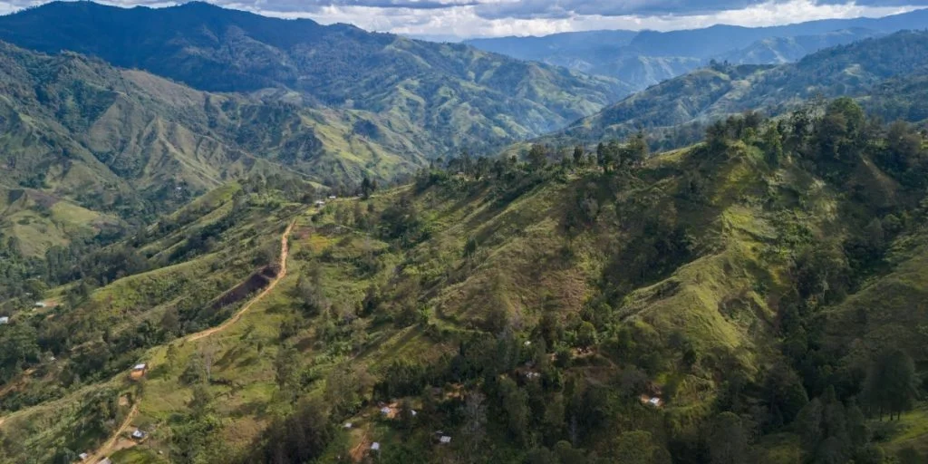Beautiful aerial view of the slopes of a mountain range in Papua New Guinea's highlands rain forest