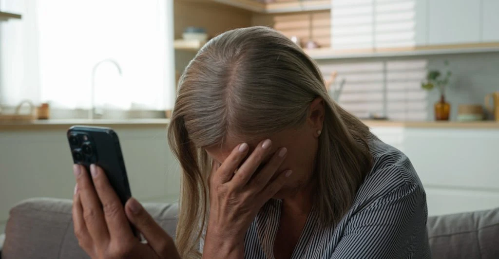 Kvinna i chock med mobilen