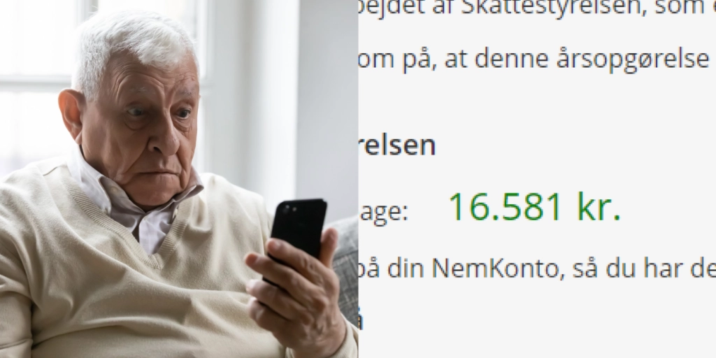 overrasket, ældre mand kigger på mobiltelefon. Penge tilbage fra Skat