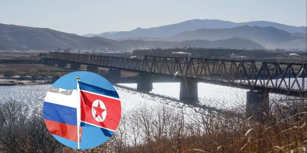 Russia North Korea bridge flags