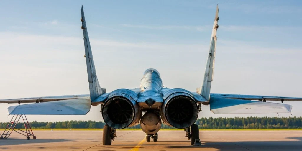 Parked jetfighter shown from the rear