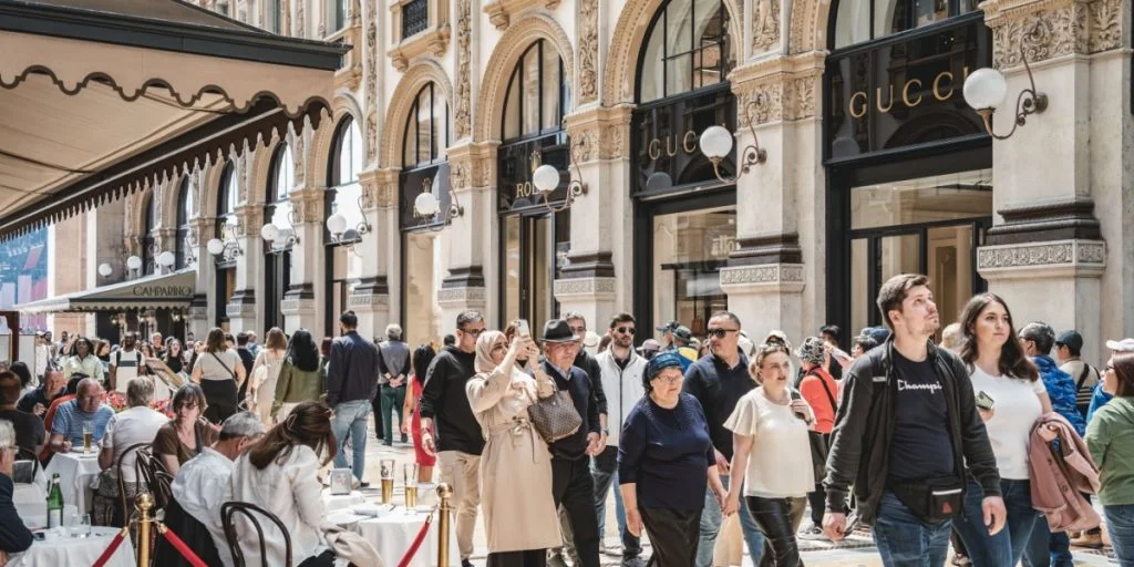 A lively bustling scene at the historic Galleria Vittorio Emanuele II in Milan, Italy. Crowd of tourists walking by a Gucci store.
