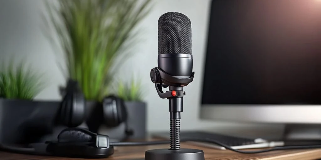 A close-up of a modern professional microphone set on a wooden desk with a blurred background of computer and headphones, ideal for streaming, podcasting and voice recording setups