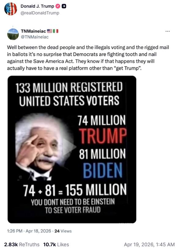 Truth Social post from Donald Trump, April 19 2026