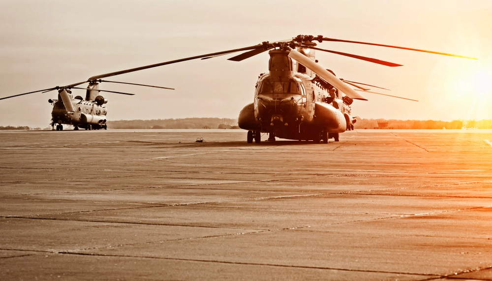 Chinook helicopter on a military airbase with sunset, helikoptere, militær, army, militærbase