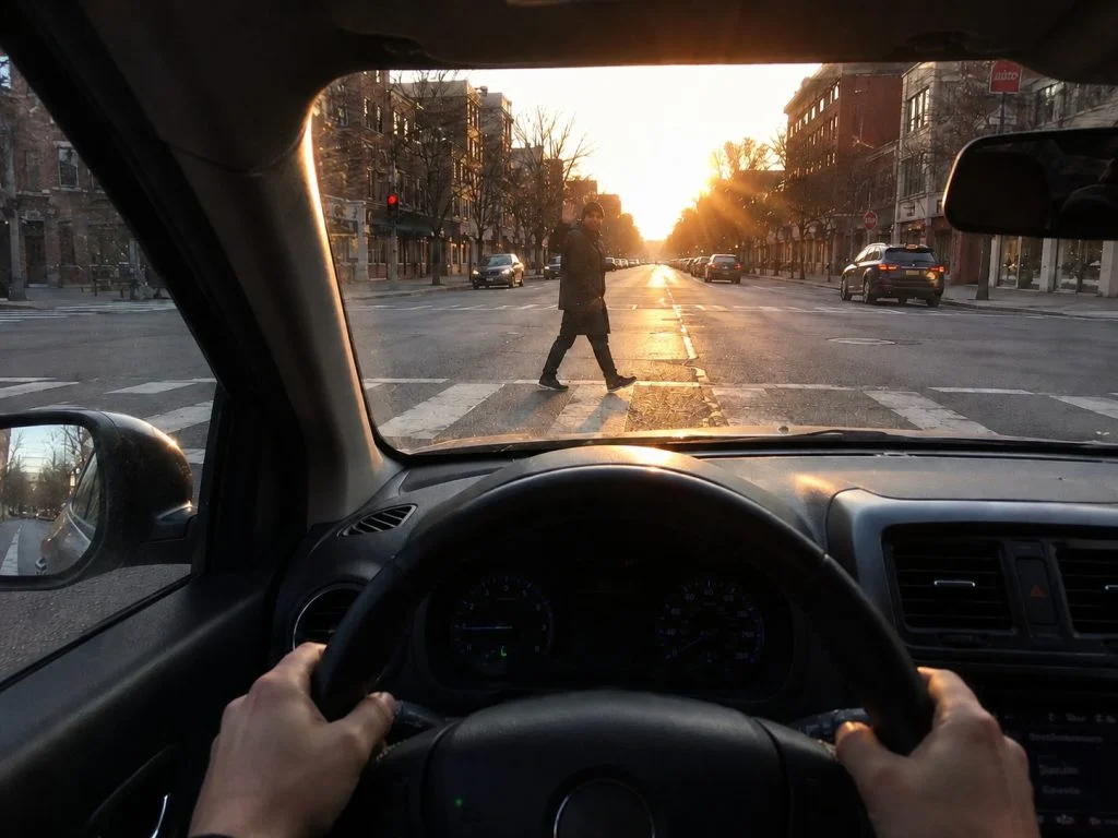 Mand vinker til bilen, crosswalk, fodgængerovergang, fodgænger