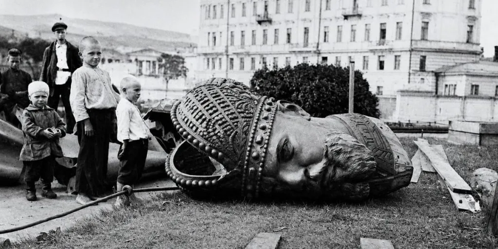 Bronze head of ruined statue of Czar Alexander III during Russian Revolution. 1917