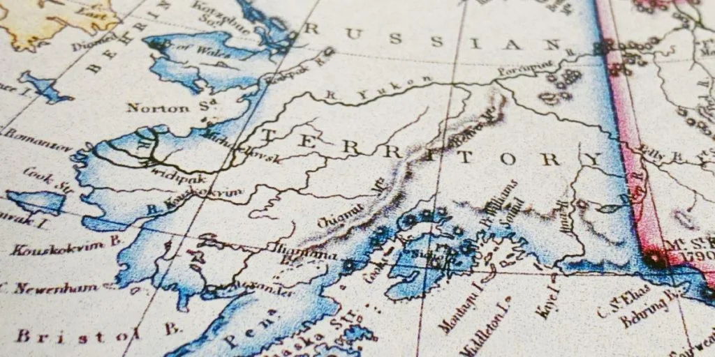 Map of Alaska, Russian Territory, historic map of the west coast of North America, USA, Canada