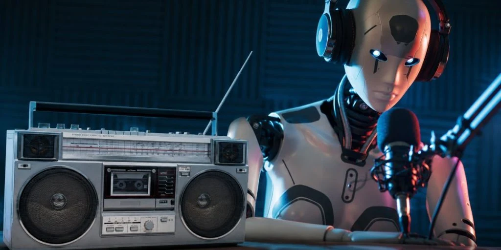 Humanoid robot in radio studio + boombox