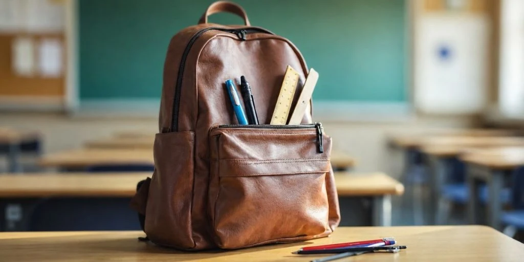 School backpack with educational materials placed on wooden desk in bright classroom.