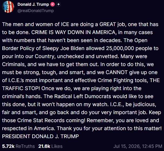 Screenshot, Truth Social, ICE, traffic stop