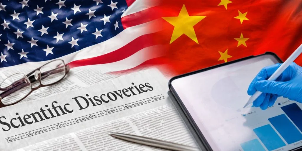 USA China science research flags