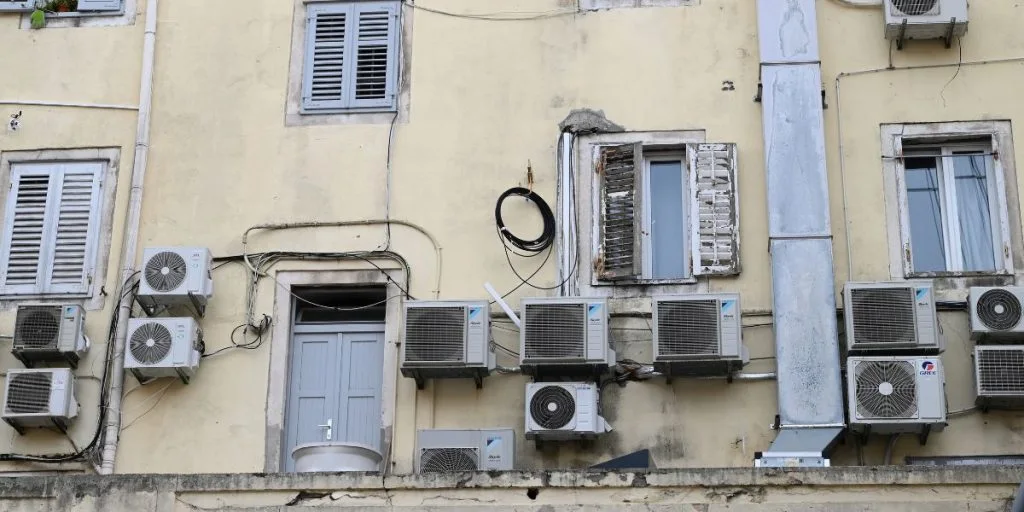 Air-conditioning units installed on a residential building in Split, Croatia.
