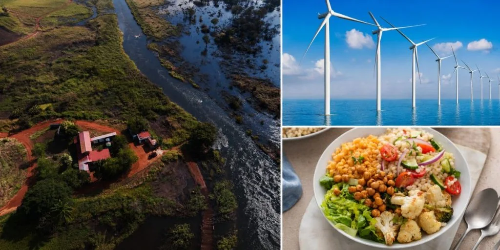 Wetland restoration, wind power and plant-based food are among the approaches being explored as communities look for practical ways to reduce environmental damage.