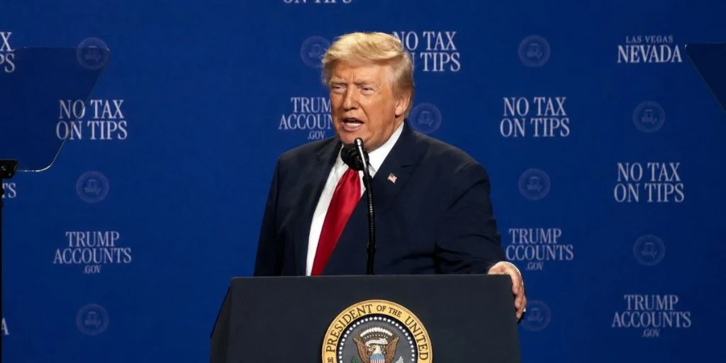 President Donald Trump speaking in Las Vegas with what appears to be a new hairdo Hair Force One