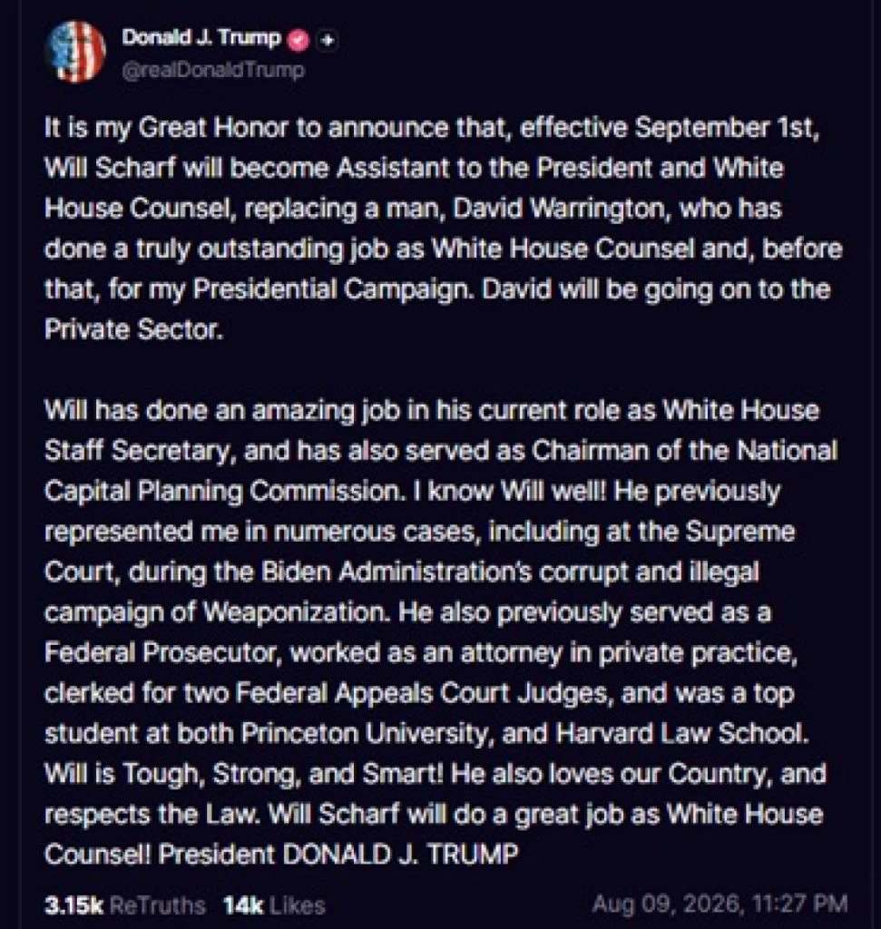 Donald Trump Truth Social post Will Scharf