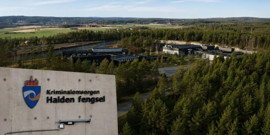 Halden Prison Norway aerial view and logo