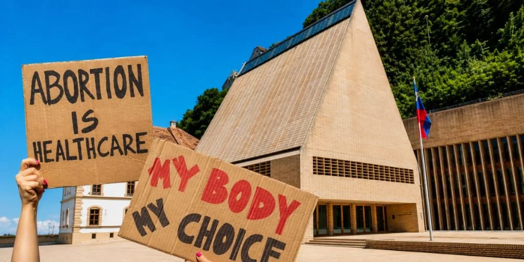 Exterior view of Landtag parliament building in Vaduz, Liechtenstein abortion signs