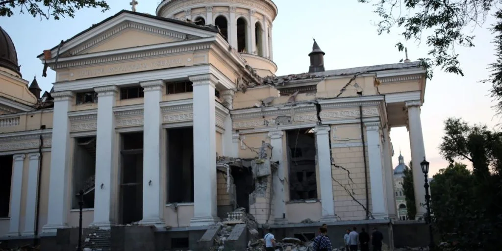 Odessa Ukraine 23 July 2023 Spaso-Preobrazhensky Cathedral(Transfiguration Cathedral) destroyed due to a rocket hit