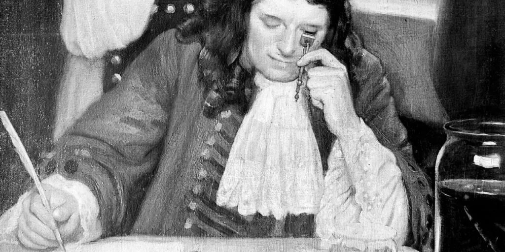 Anton van Leeuwenhoek examines a specimen with his microscope in an oil painting by Ernest Board.