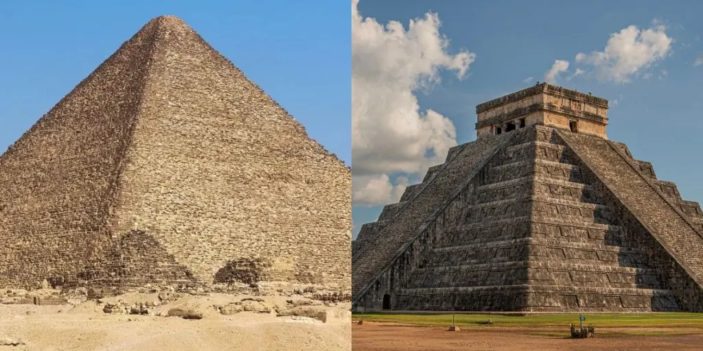 Pyramid in Giza, Egypt, and pyramid in Chichen Itza, Mexico