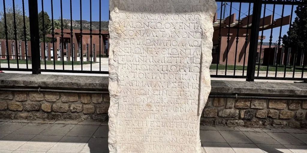 Pamukkale, Denizli, Turkey - September 12, 2025: Roman honorary inscriptions carved in marble and limestone — commemorating civic figures and preserving voices of an ancient society through stone