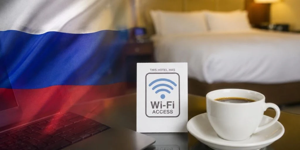 Russia flag wifi sign hotel coffee laptop