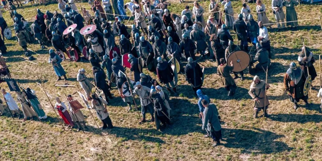 Viking reenactors gather during a historical event. Assemblies known as things brought communities together to settle disputes and make collective decisions