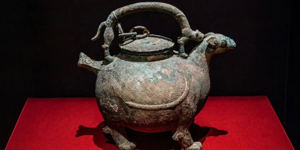 A bronze wine vessel displayed at the Guangdong Museum in Guangzhou, China.