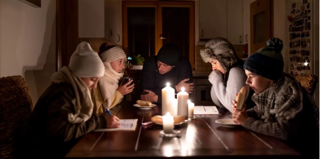 Familj sitter vid bordet utan ström