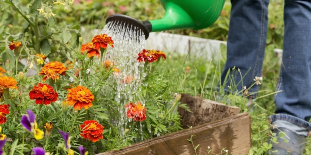 Gardener,Watering,Flowerbed,With,Red,Orange,Tagetes,,Marigold,Flowers,With