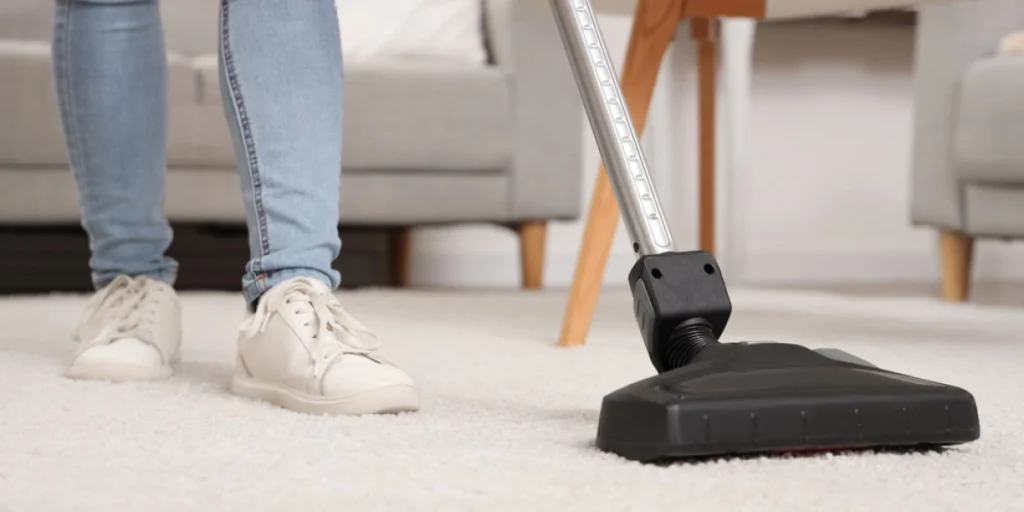 Young,Woman,Cleaning,Carpet,With,Cordless,Stick,Vacuum,Cleaner,In