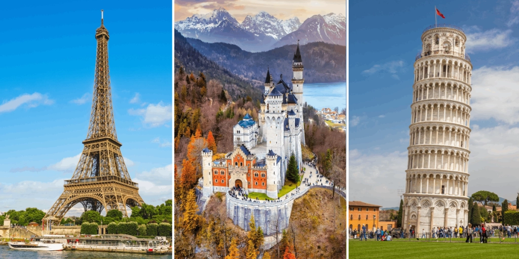Eiffeltornet, Neuschwanstein-slottet, Lutande tornet i Pisa