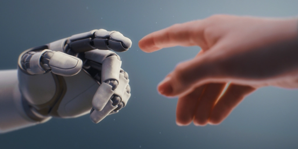 En vit robothand stöter sitt finger mot en människohand