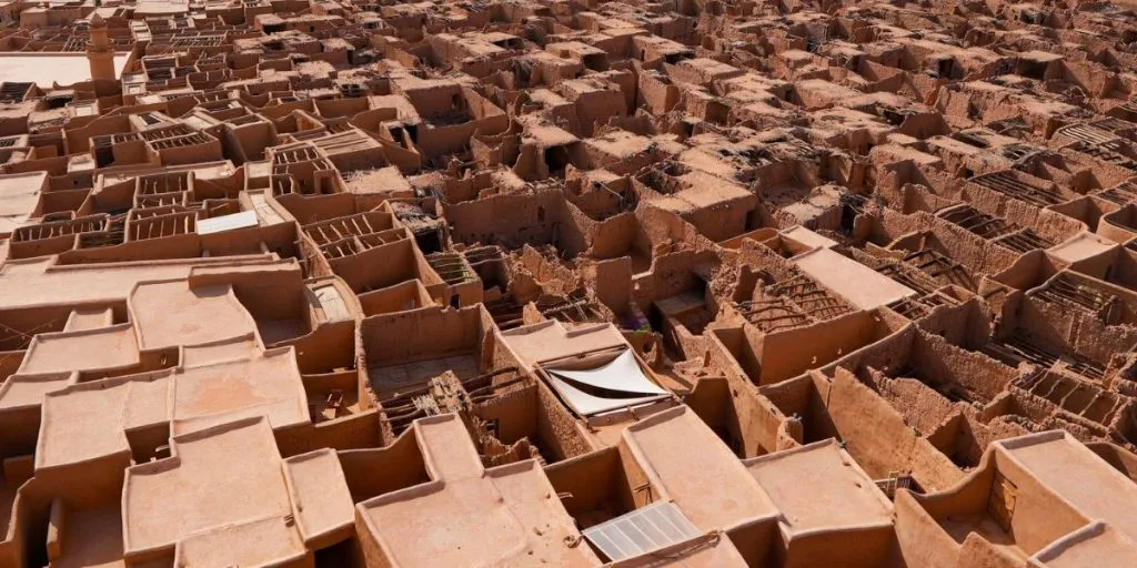 Aerial view of the rooftops of the old city of Alula in the desert of northern Saudi Arabia