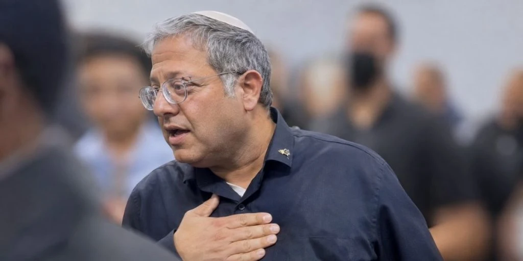 Create a caption for me Israeli National Security Minister Itamar Ben-Gvir is seen during a visit to Damon Prison in northern Israel, where Palestinian female security prisoners raised complaints about conditions inside the facility.