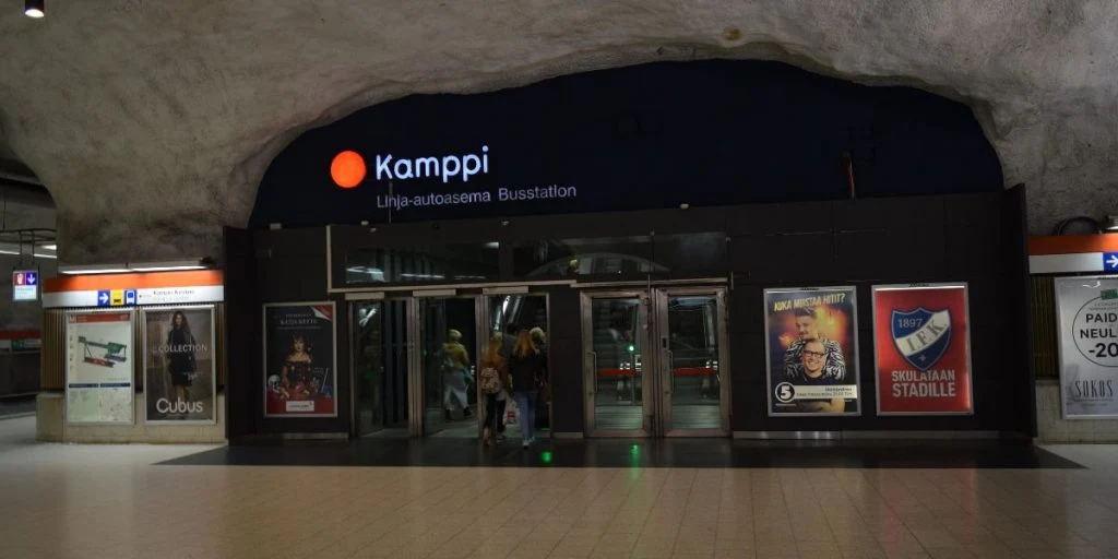 Finland Helsinki Entrance doors to Kamppi long-distance bus station in underground transport terminal.