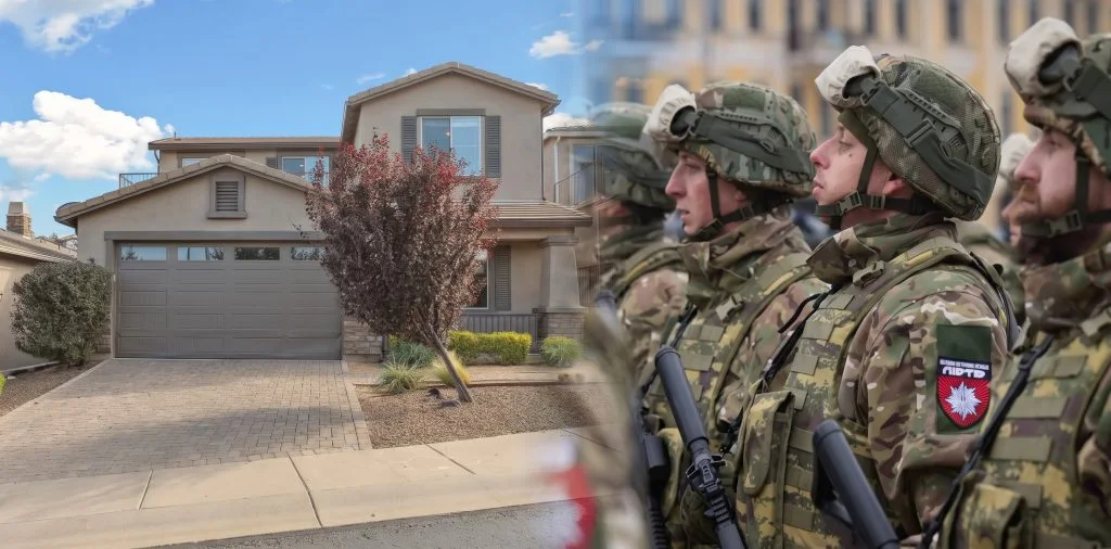 Suburban house + Ukrainian soldiers