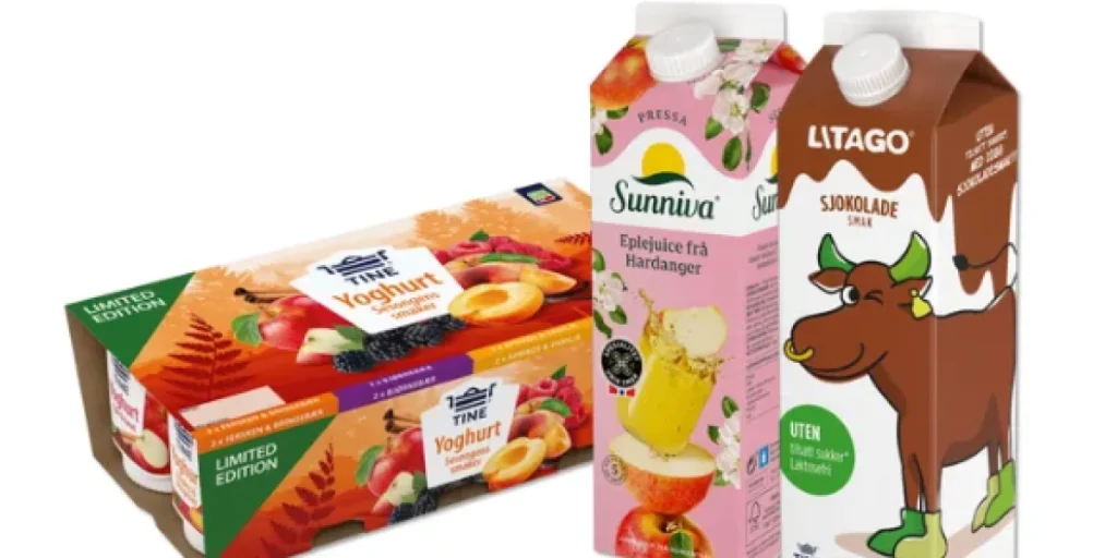 Tine yoghurt med bjørnebær, eple/kanel, aprikos/vanilje og fersken/bringebær,, Sunniva Presset Eplejuice frå Hardanger, Laktosefri Litago med sjokolade