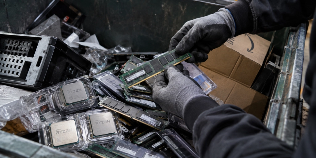 Mand finder elektronikaffald i container