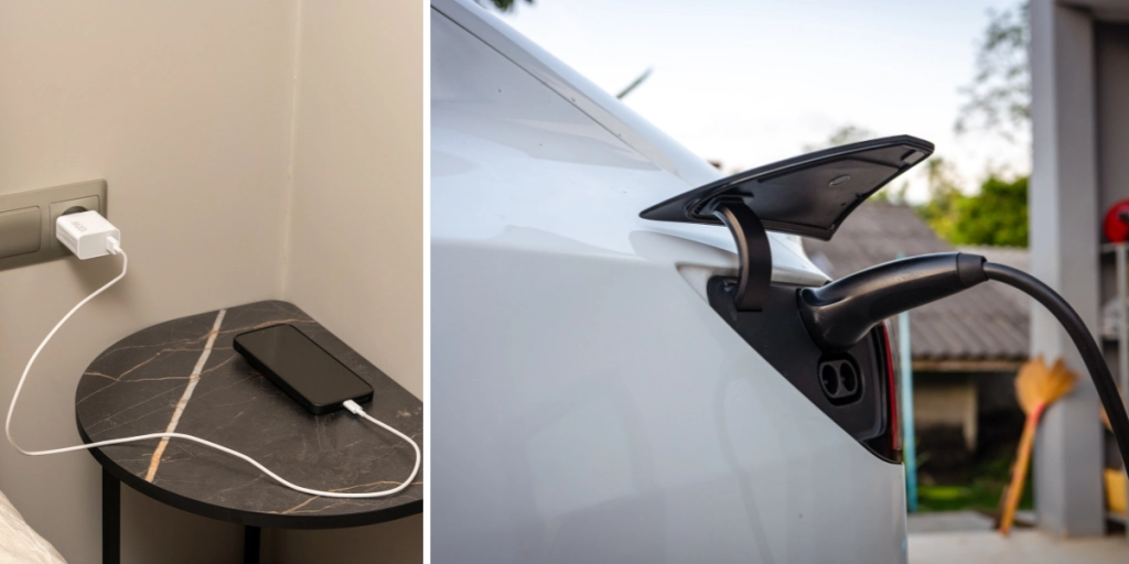 Mobil ligger till laddning, En elbil laddas med hemmaladdare