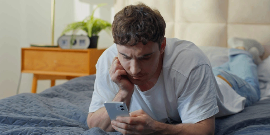 Man ligger i sängen med telefonen