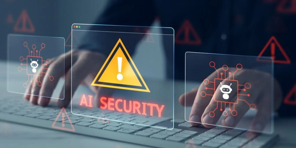 AI cybersecurity concept showing a digital protection system against cyber threats, hacking, and malware attacks. Artificial intelligence technology securing data, networks, and privacy