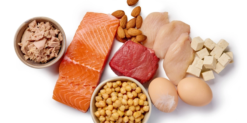 Tofu and meats, eggs, salmon, nuts