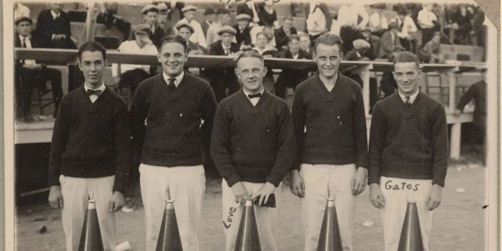Photograph of male cheerleaders, circa 1922-1923.