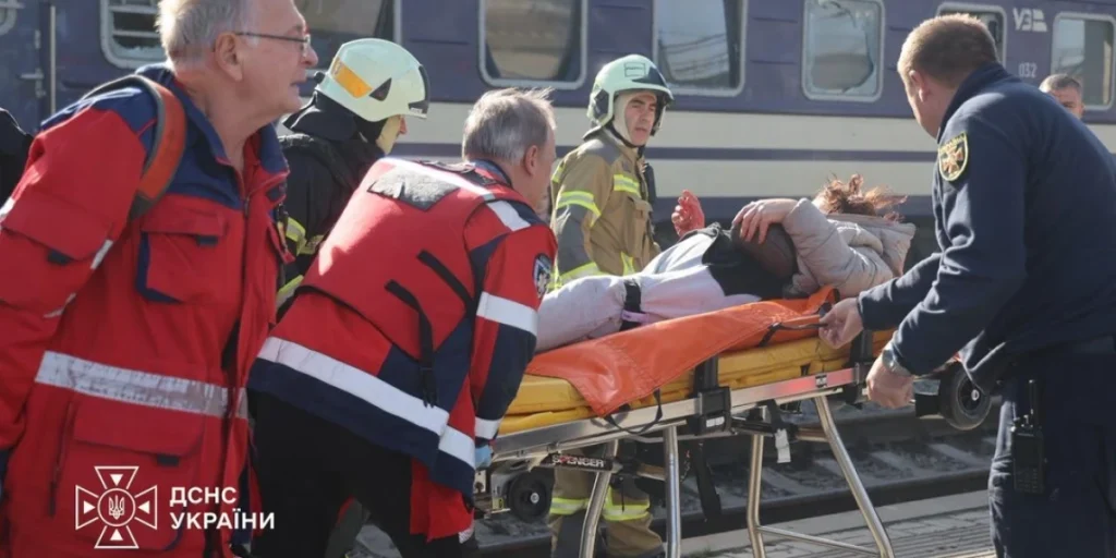 Rescue workers after drone strike against train station in Dnipro Ukraine
