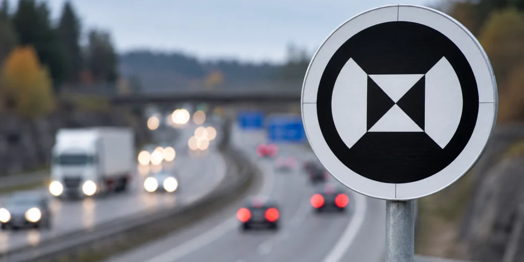 Motorvejsskilt i fokus ved skumringstid, Landmarkenschild Autobahn, selvkjørende biler, selvkørende biler Tyskland