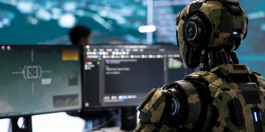 Robot operator managing surveillance cctv system with data analysis and processing, gathering real time intelligence for strategic military operations. Successful secret service defense mission.
